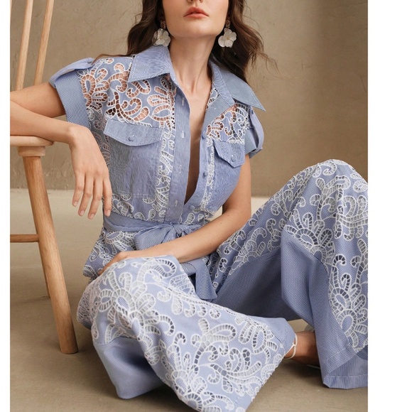 Striped Lace Button Cuff Sleeve Belted Wide Leg Jumpsuit - Picture 5 of 5